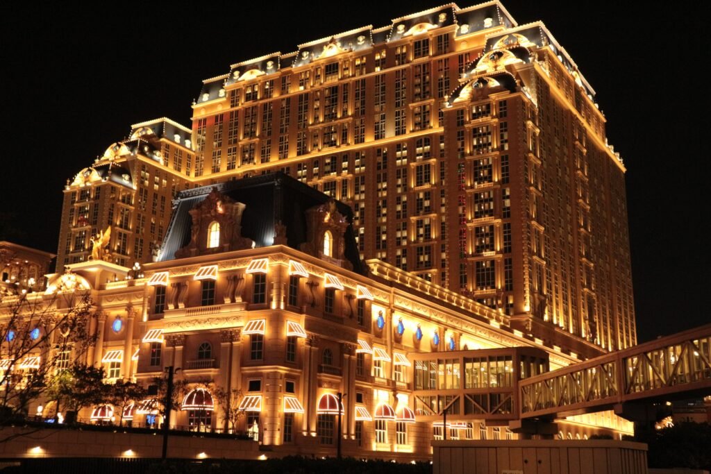 Spectacular night shot of the Parisian Macao Hotel, beautifully illuminated.
