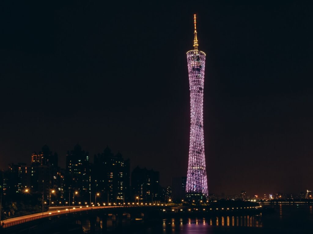 Breathtaking view of Canton Tower glowing against the night sky in Guangzhou, China.